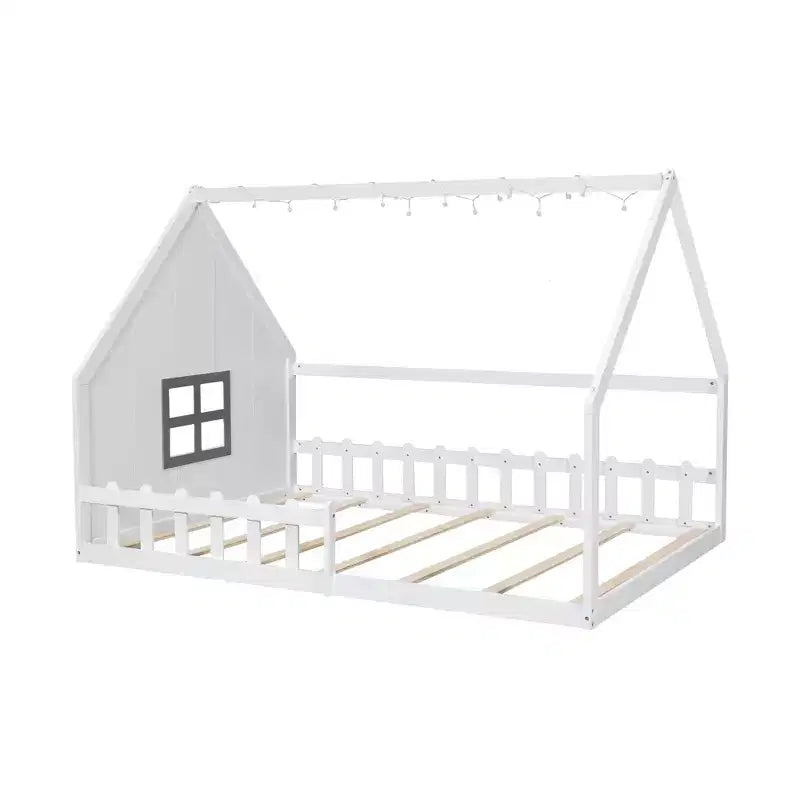 Full Size Kids Floor Bed, Wood House Bed with Fence, LED Light, Window & Roof
