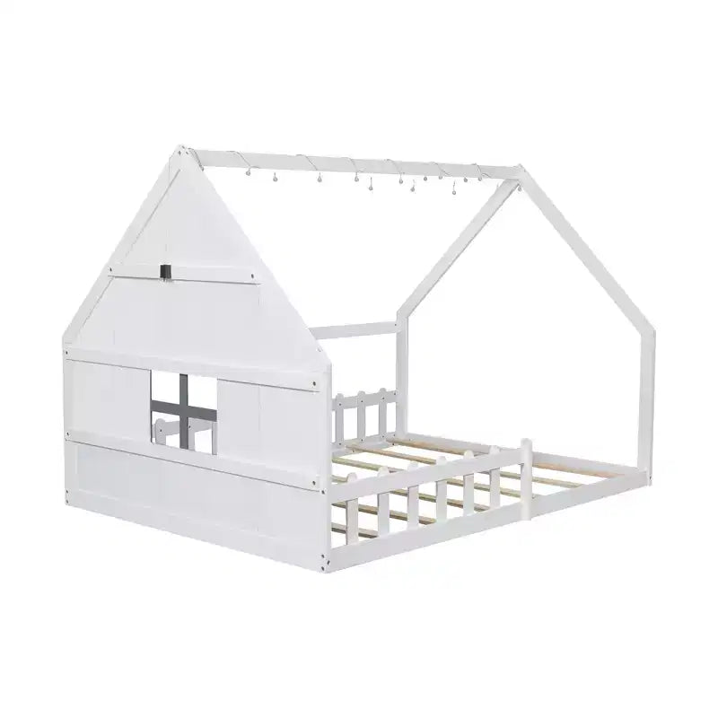 Full Size Kids Floor Bed, Wood House Bed with Fence, LED Light, Window & Roof
