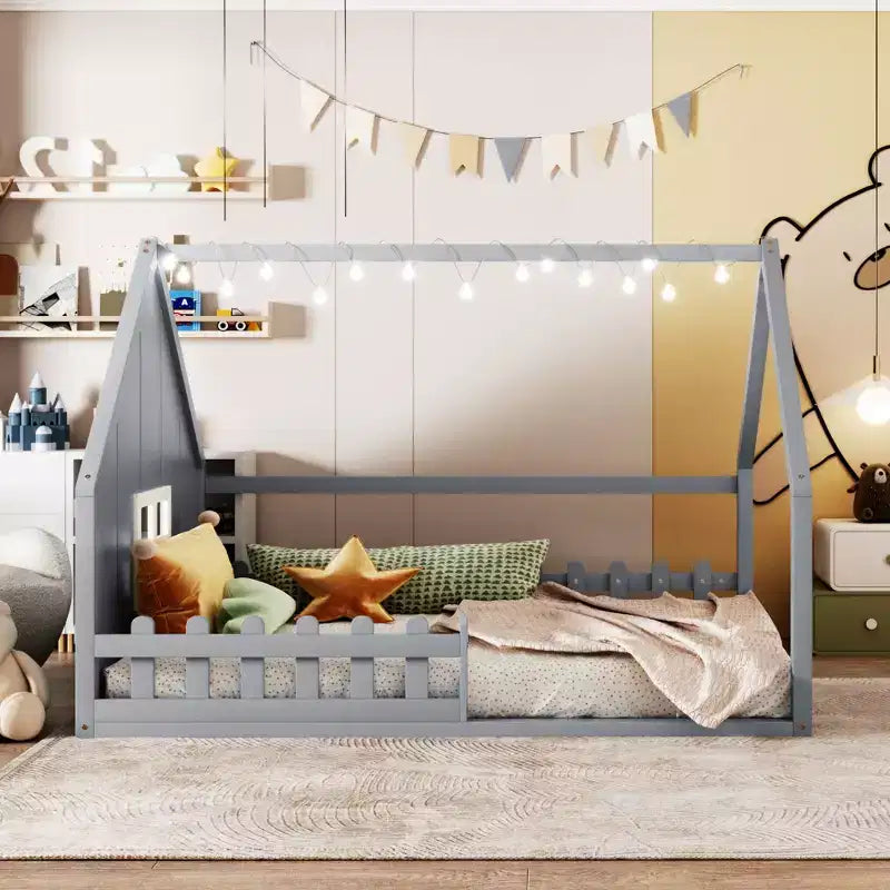 Full Size Kids Floor Bed, Wood House Bed with Fence, LED Light, Window & Roof