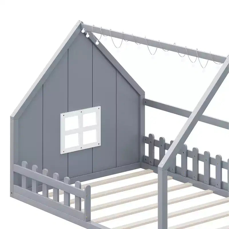 Full Size Kids Floor Bed, Wood House Bed with Fence, LED Light, Window & Roof