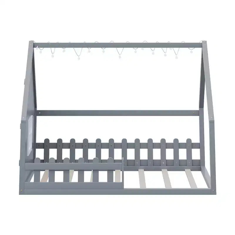 Full Size Kids Floor Bed, Wood House Bed with Fence, LED Light, Window & Roof