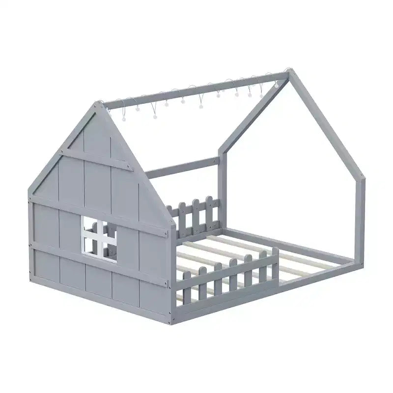 Full Size Kids Floor Bed, Wood House Bed with Fence, LED Light, Window & Roof