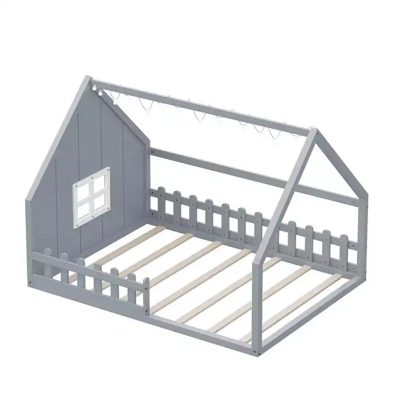 Full Size Kids Floor Bed, Wood House Bed with Fence, LED Light, Window & Roof