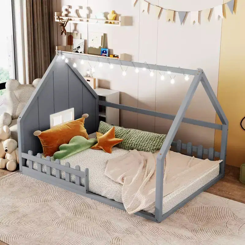 Full Size Floor Bed for Kids, Wood Montessori Bed with Fence & LED Light, Full House Bed with Window and Roof for Girls & Boys