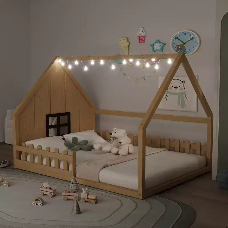 Full Size Kids Floor Bed, Wood House Bed with Fence, LED Light, Window & Roof