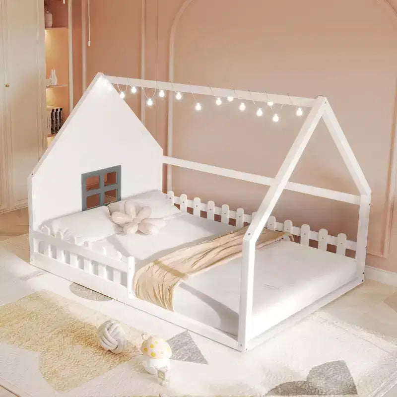 Full Size Kids Floor Bed, Wood House Bed with Fence, LED Light, Window & Roof