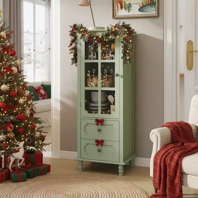 Homy Casa Tall Kitchen Pantry Cabinet with Glass Doors and Drawers, Solid Wood Legs, for Dining Room or Living Room