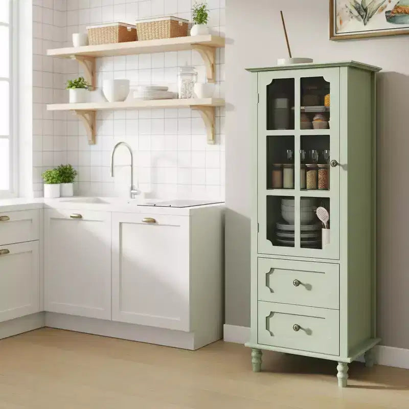 Tall Kitchen Pantry Cabinet with Glass Doors and Drawers, Solid Wood Legs