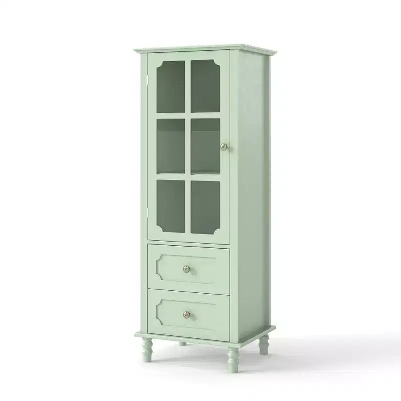 Tall Kitchen Pantry Cabinet with Glass Doors and Drawers, Solid Wood Legs