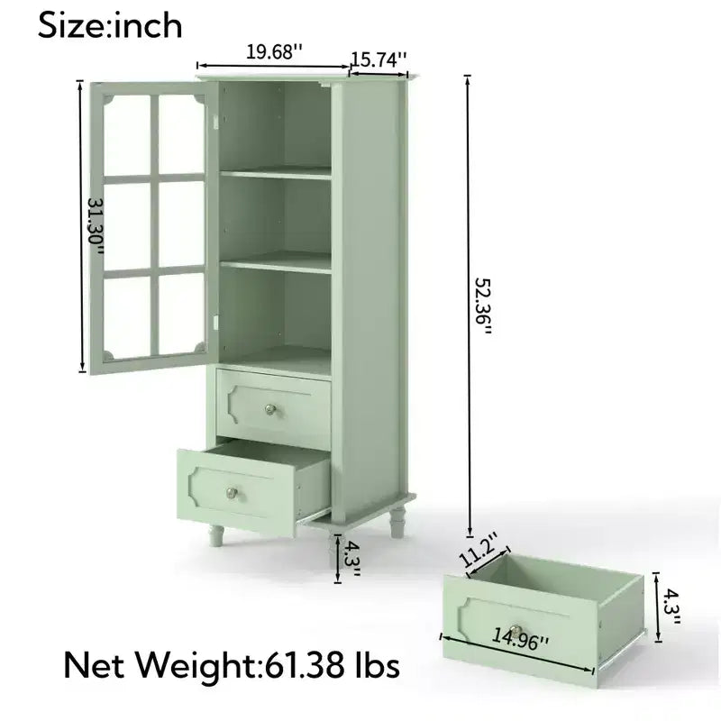 Tall Kitchen Pantry Cabinet with Glass Doors and Drawers, Solid Wood Legs