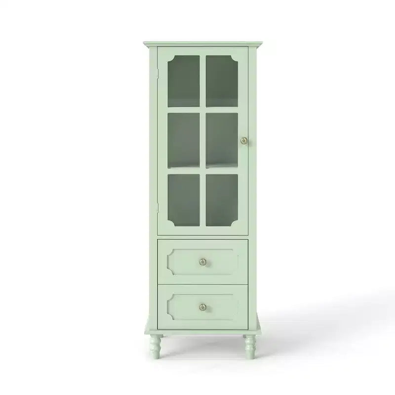 Tall Kitchen Pantry Cabinet with Glass Doors and Drawers, Solid Wood Legs
