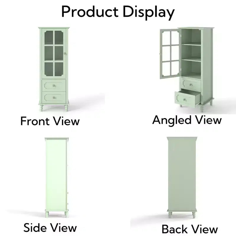 Tall Kitchen Pantry Cabinet with Glass Doors and Drawers, Solid Wood Legs