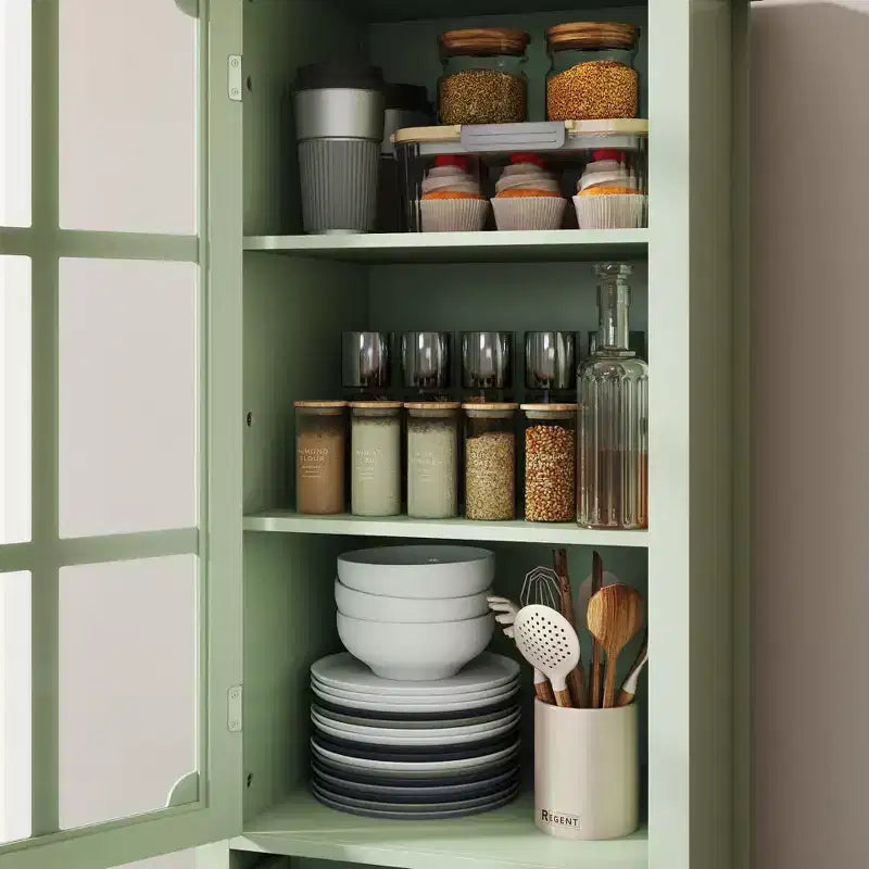 Tall Kitchen Pantry Cabinet with Glass Doors and Drawers, Solid Wood Legs