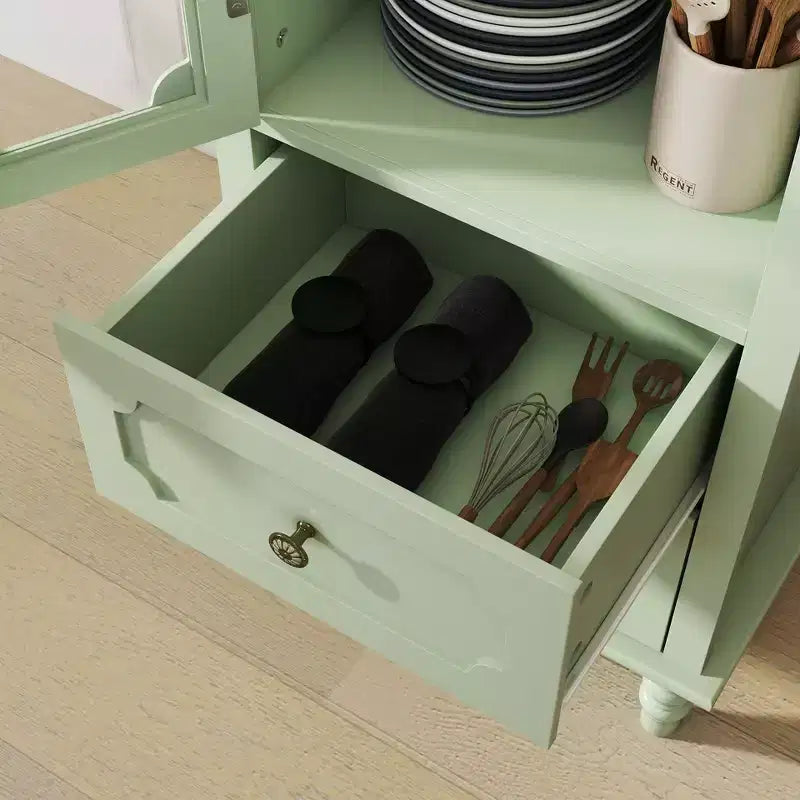 Tall Kitchen Pantry Cabinet with Glass Doors and Drawers, Solid Wood Legs