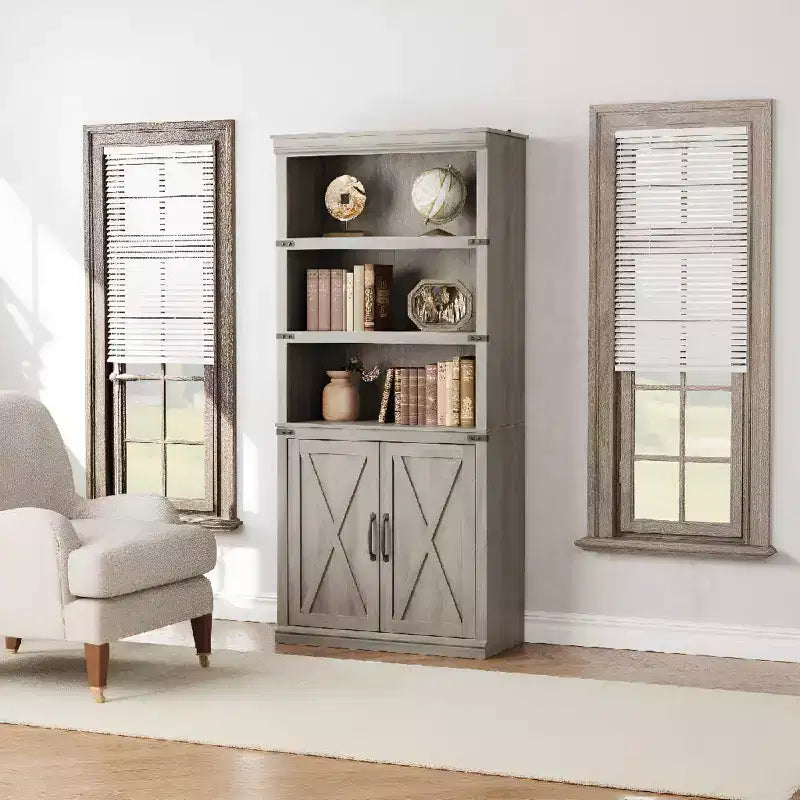 68.7" Tall 5-Shelf Bookcase with Storage Cabinet, Wooden Bookshelf, Freestanding Display Cabinet for Living Room, Bedroom