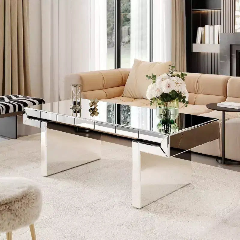 47 Rectangular Mirror Coffee Table with Fluted Glass Accents