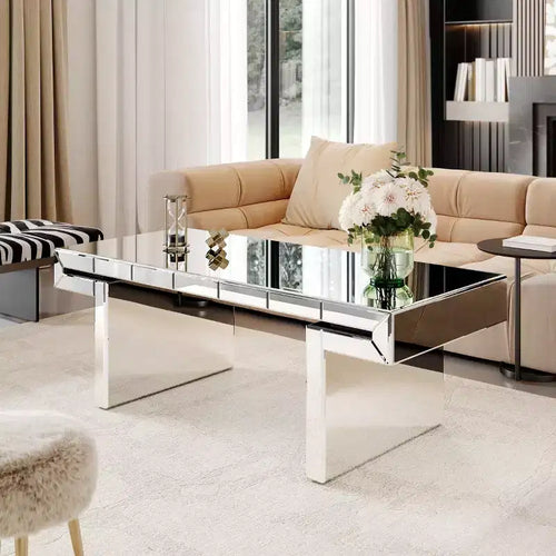 47 Rectangular Mirror Coffee Table with Fluted Glass Accents
