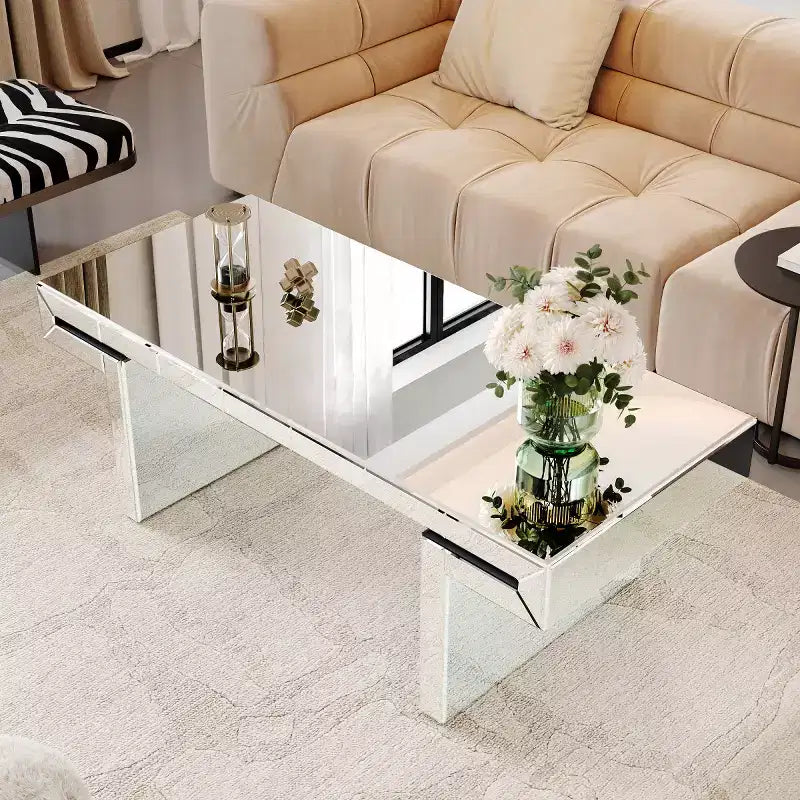 47 Rectangular Mirror Coffee Table with Fluted Glass Accents