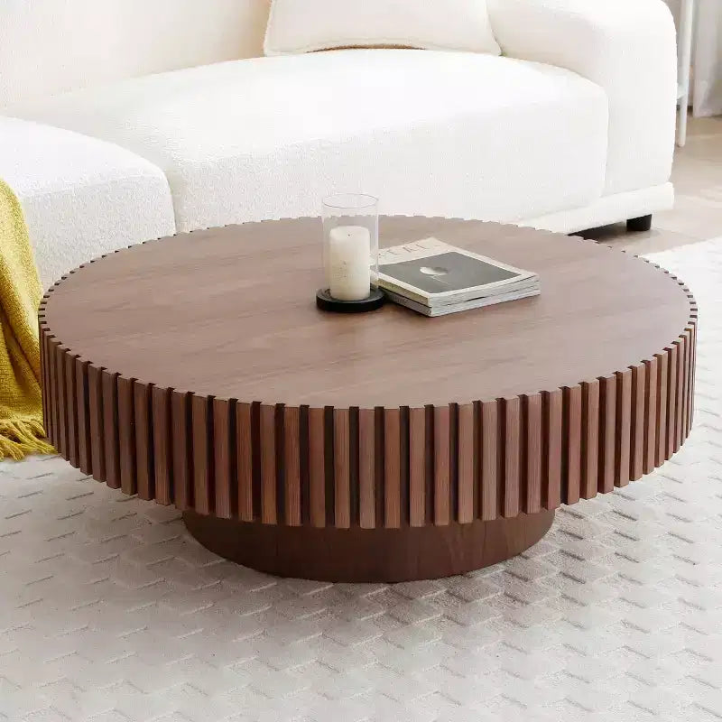 39.37" Modern Round Coffee Table for Living Room, MDF Wood Handcrafted Drum Table