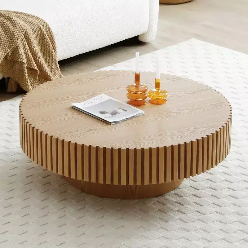 39.37" Modern Round Coffee Table for Living Room, MDF Wood Handcrafted Drum Table
