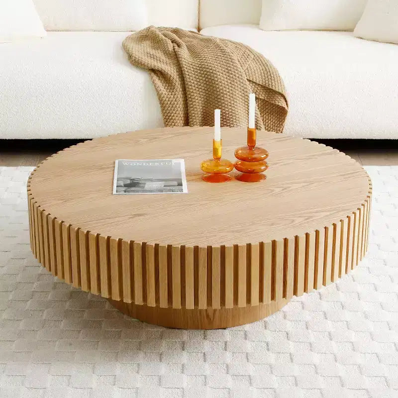 39.37" Modern Round Coffee Table for Living Room, MDF Wood Handcrafted Drum Table