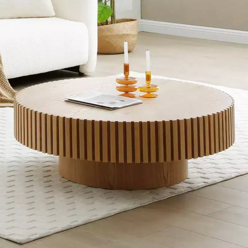 39.37" Modern Round Coffee Table for Living Room, MDF Wood Handcrafted Drum Table