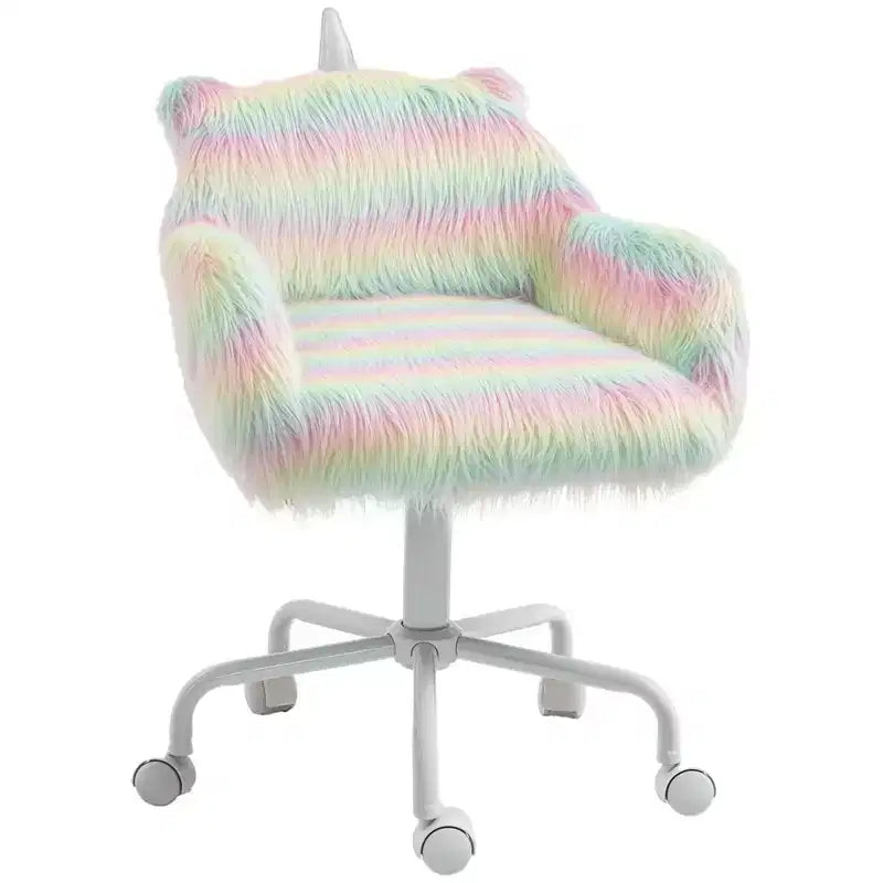 Fluffy Unicorn Office Chair with Mid-Back and Armrest Support, 5 Star Swivel Wheel White Base