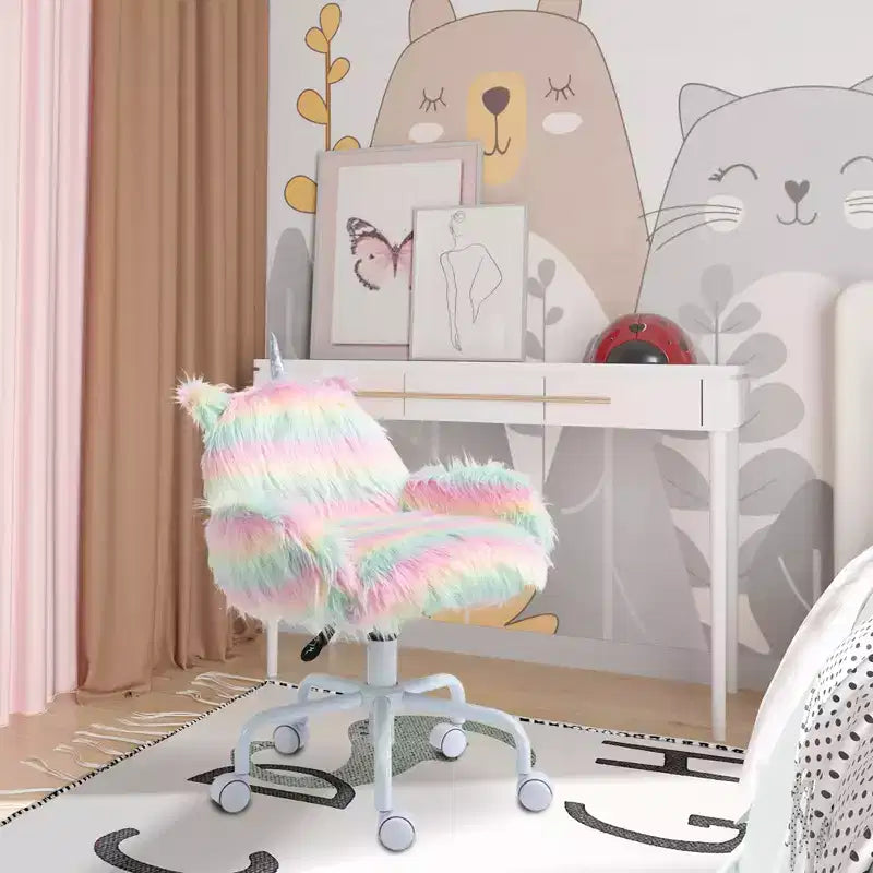 Fluffy Unicorn Office Chair with Mid-Back, Armrest & 5-Star Swivel Base