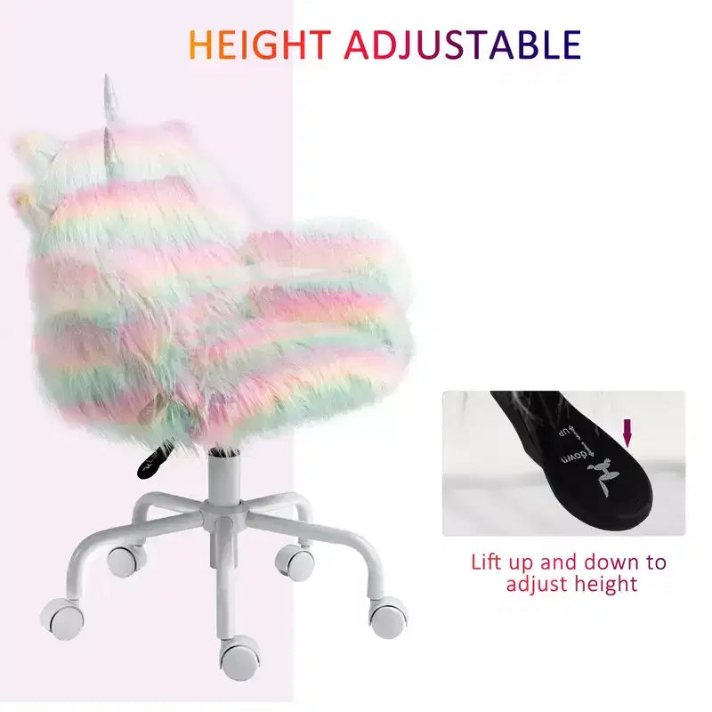 Fluffy Unicorn Office Chair with Mid-Back, Armrest & 5-Star Swivel Base