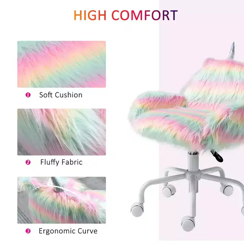 Fluffy Unicorn Office Chair with Mid-Back, Armrest & 5-Star Swivel Base