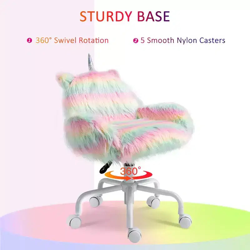 Fluffy Unicorn Office Chair with Mid-Back, Armrest & 5-Star Swivel Base