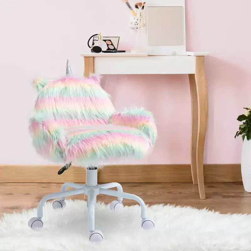 Fluffy Unicorn Office Chair with Mid-Back, Armrest & 5-Star Swivel Base