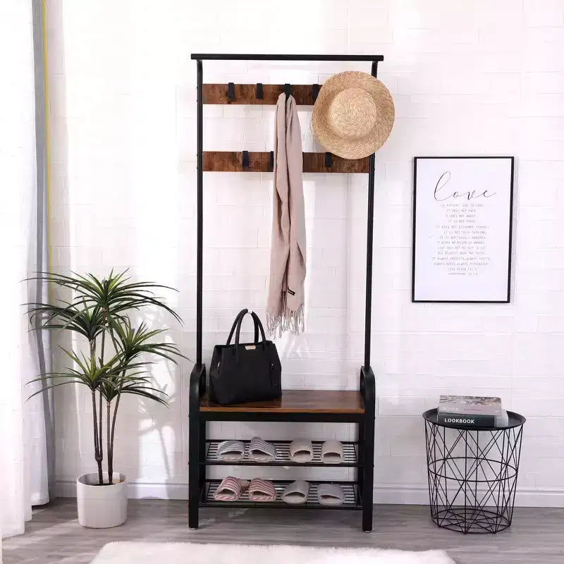 Brown Industrial Hall Tree with Shoe Bench, Hanging Rod & 9 Hooks