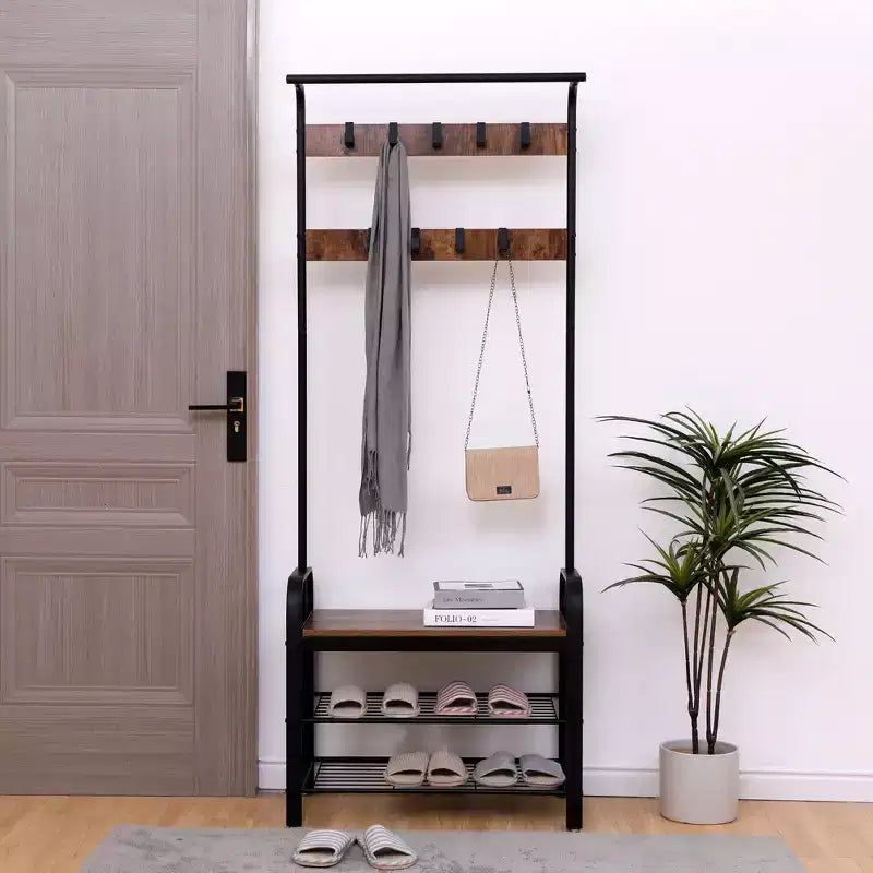 Okak 71IN Industrail Coat Rack with Shoe Bench and 9 Removable Hooks, Hall Tree with Hanging Rod, Coat Stand for Living Room, Hallway, Brown