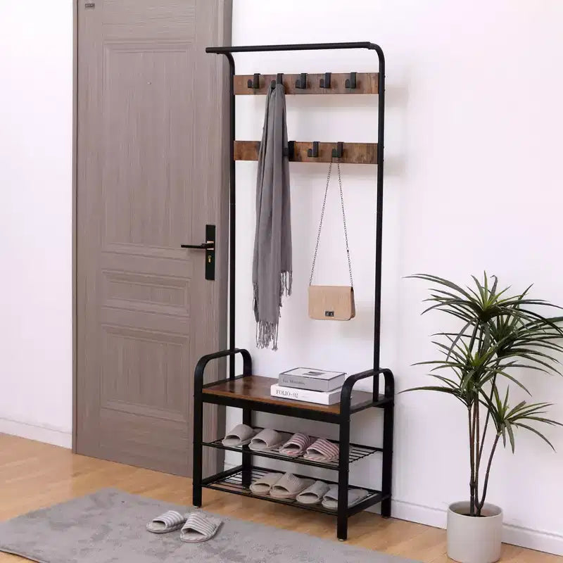 Industrial Hall Tree with Shoe Bench, Brown & Black, 9 Hooks, Single