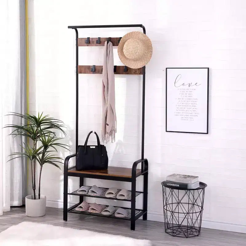 Industrial Hall Tree with Shoe Bench, Brown & Black, 9 Hooks, Single