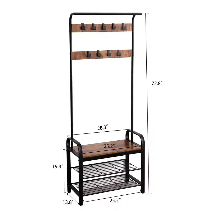 Industrial Hall Tree with Shoe Bench, Brown & Black, 9 Hooks, Single