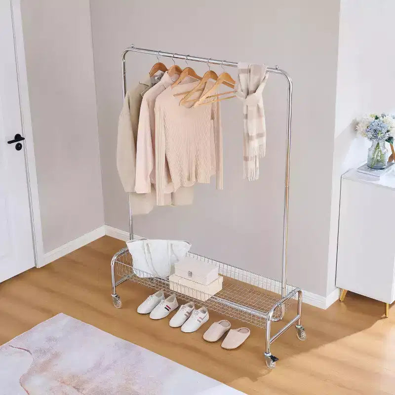 Heavy Duty Hall Tree with Wheels and Lockable Brake, Freestanding Coat Rack with Collapsible Design, Storage Basket, Silver