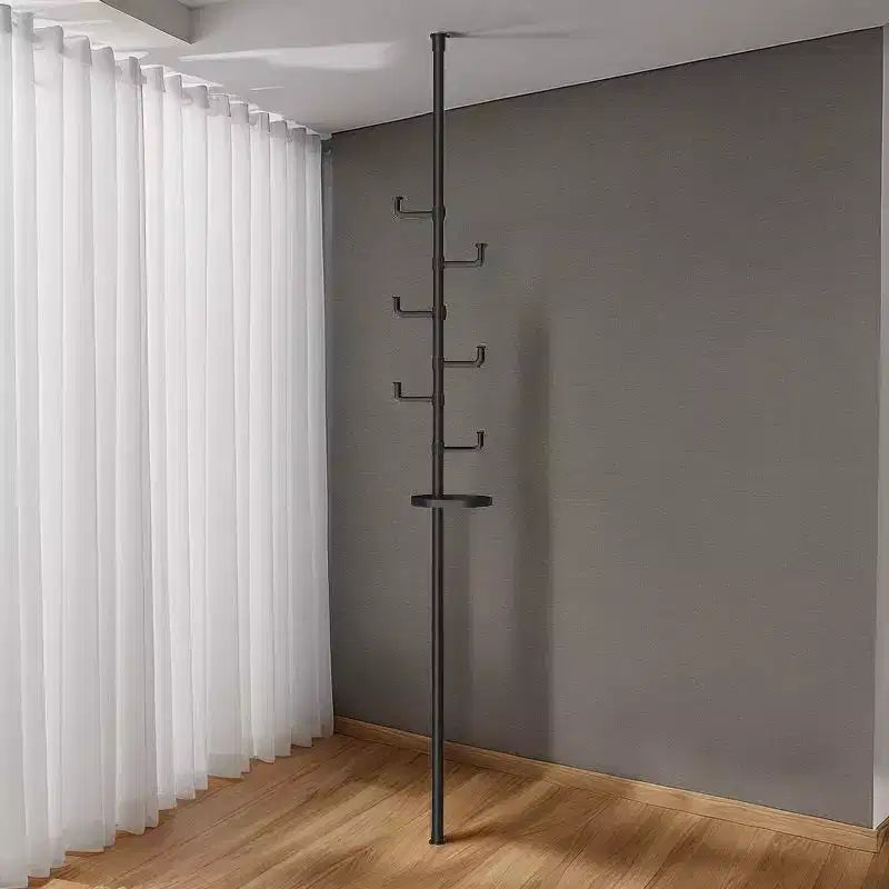 Black Tension Pole Coat Rack with 6 Hooks, Single