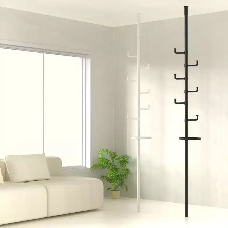 Black Tension Pole Coat Rack with 6 Hooks, Single