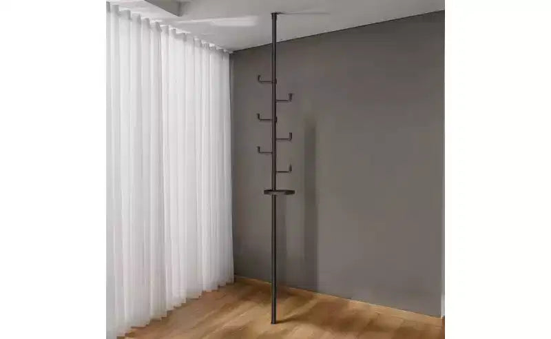Black Tension Pole Coat Rack with 6 Hooks, Single