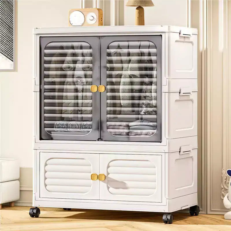 Lidded plastic storage bin, stackable storage boxes, with wheels and hanging rod, door-equipped for home living rooms