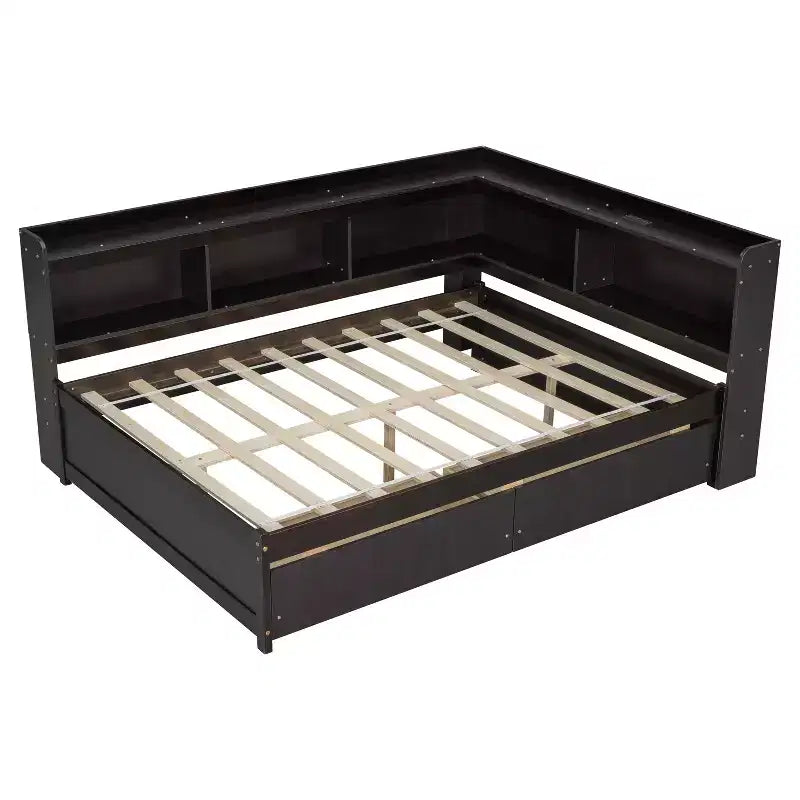 Full Size L-Shaped Bookcases Bed with Power Outlets, USB Charging Ports and 2 Drawers