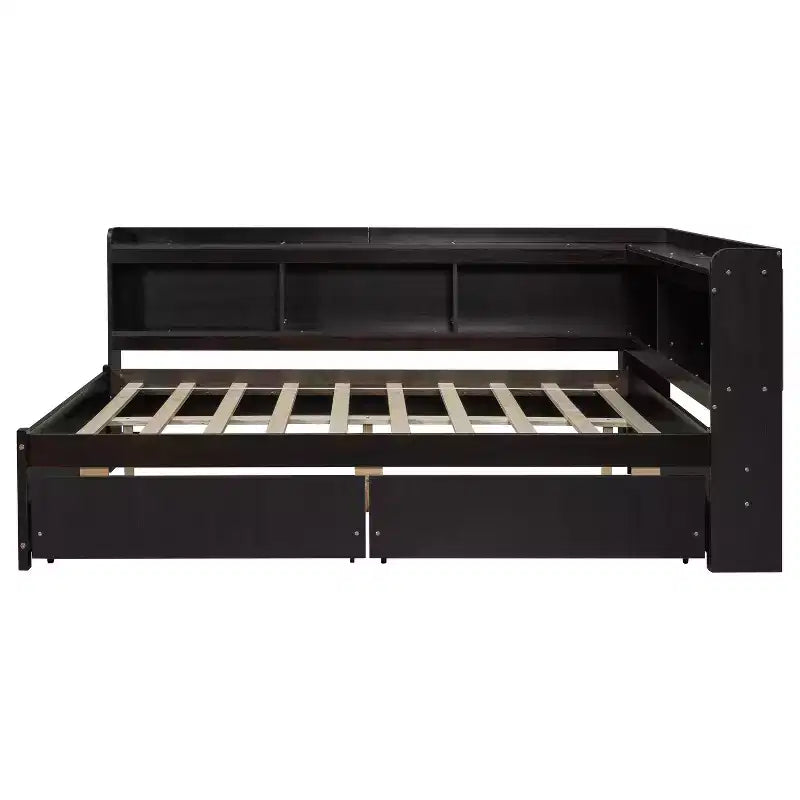 Full Size L-Shaped Bookcases Bed with Power Outlets, USB Charging Ports and 2 Drawers