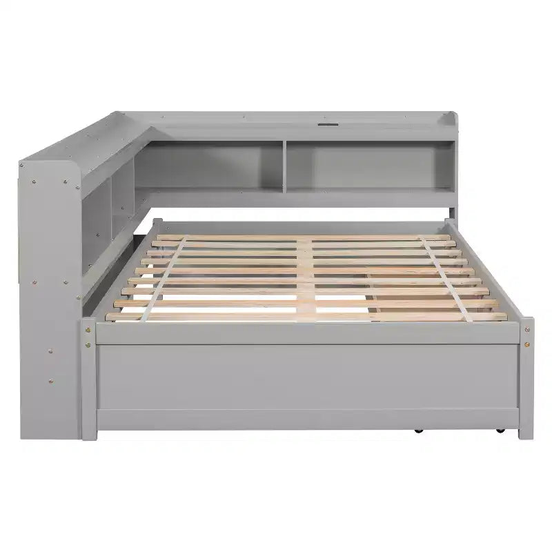 Full Size L-Shaped Bookcases Bed with Power Outlets, USB Charging Ports and 2 Drawers