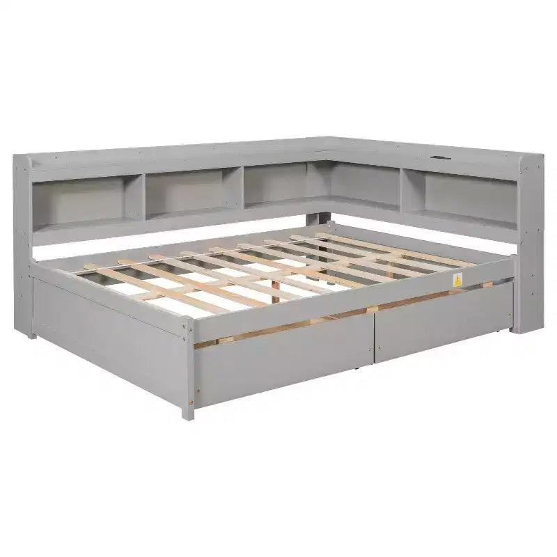 Full Size L-Shaped Bookcases Bed with Power Outlets, USB Charging Ports and 2 Drawers