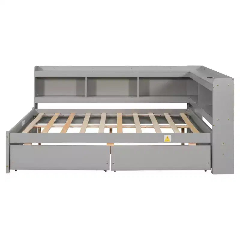 Full Size L-Shaped Bookcases Bed with Power Outlets, USB Charging Ports and 2 Drawers