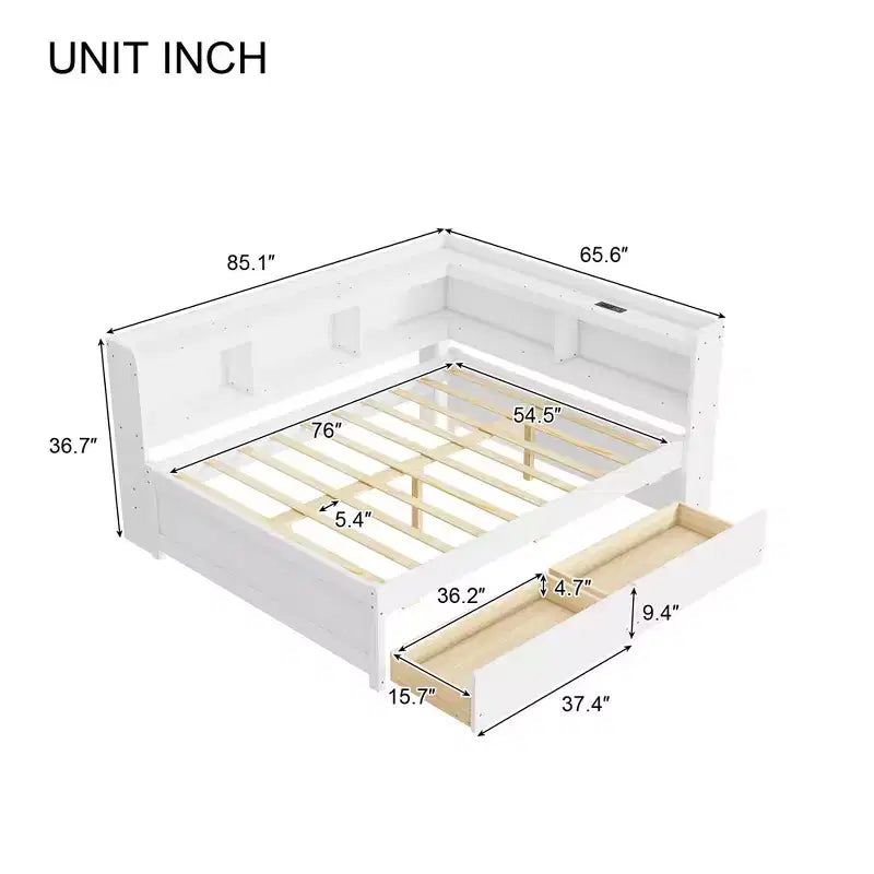 Full Size L-Shaped Bookcases Bed with Power Outlets, USB Charging Ports and 2 Drawers