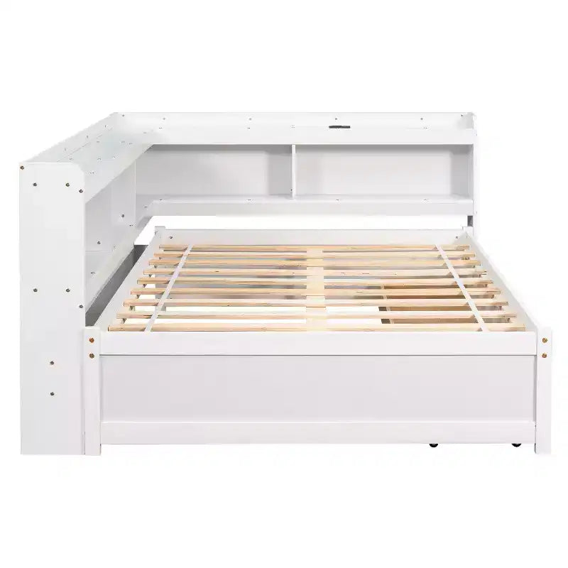 Full Size L-Shaped Bookcases Bed with Power Outlets, USB Charging Ports and 2 Drawers
