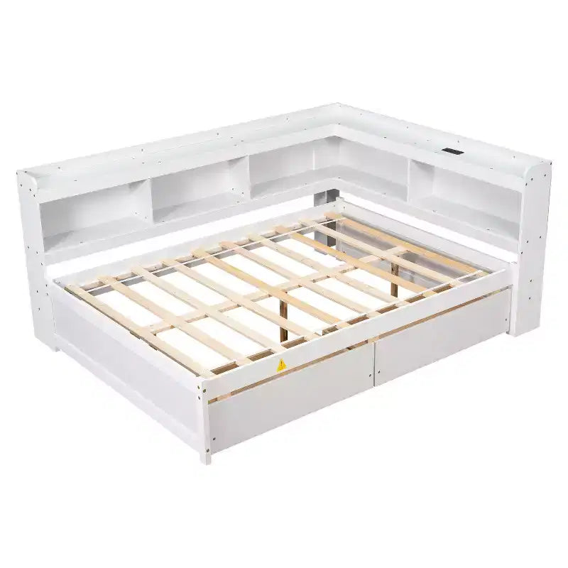 Full Size L-Shaped Bookcases Bed with Power Outlets, USB Charging Ports and 2 Drawers